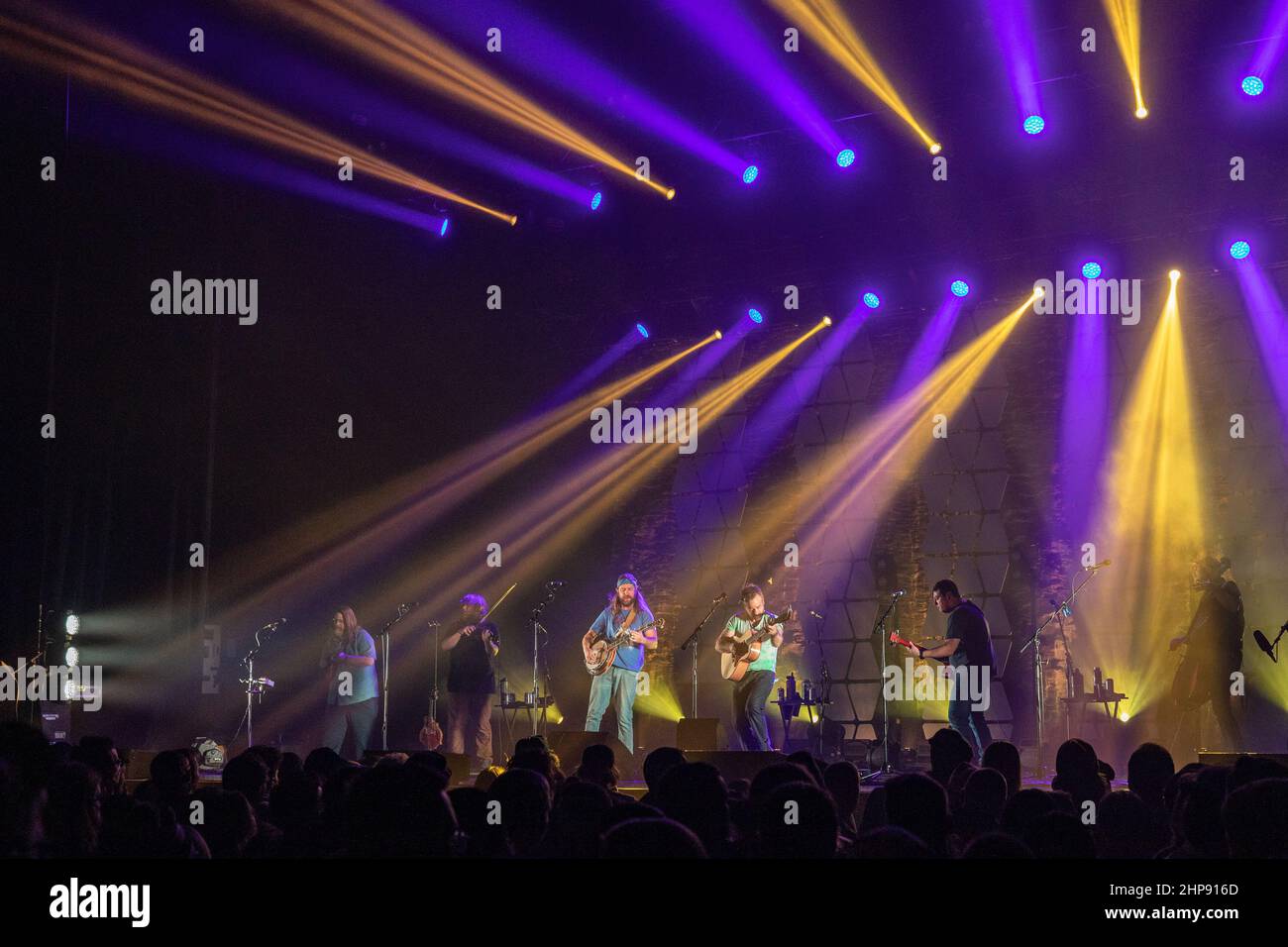 Madison, USA. 18th Feb, 2022. Erik Berry, Ryan Young, Dave Carroll, Dave Simonett, Tim Saxhaug, and Eamonn McLain of Trampled By Turtles on February 18, 2022, at The Sylvee in Madison, Wisconsin (Photo by Daniel DeSlover/Sipa USA) Credit: Sipa USA/Alamy Live News Stock Photo