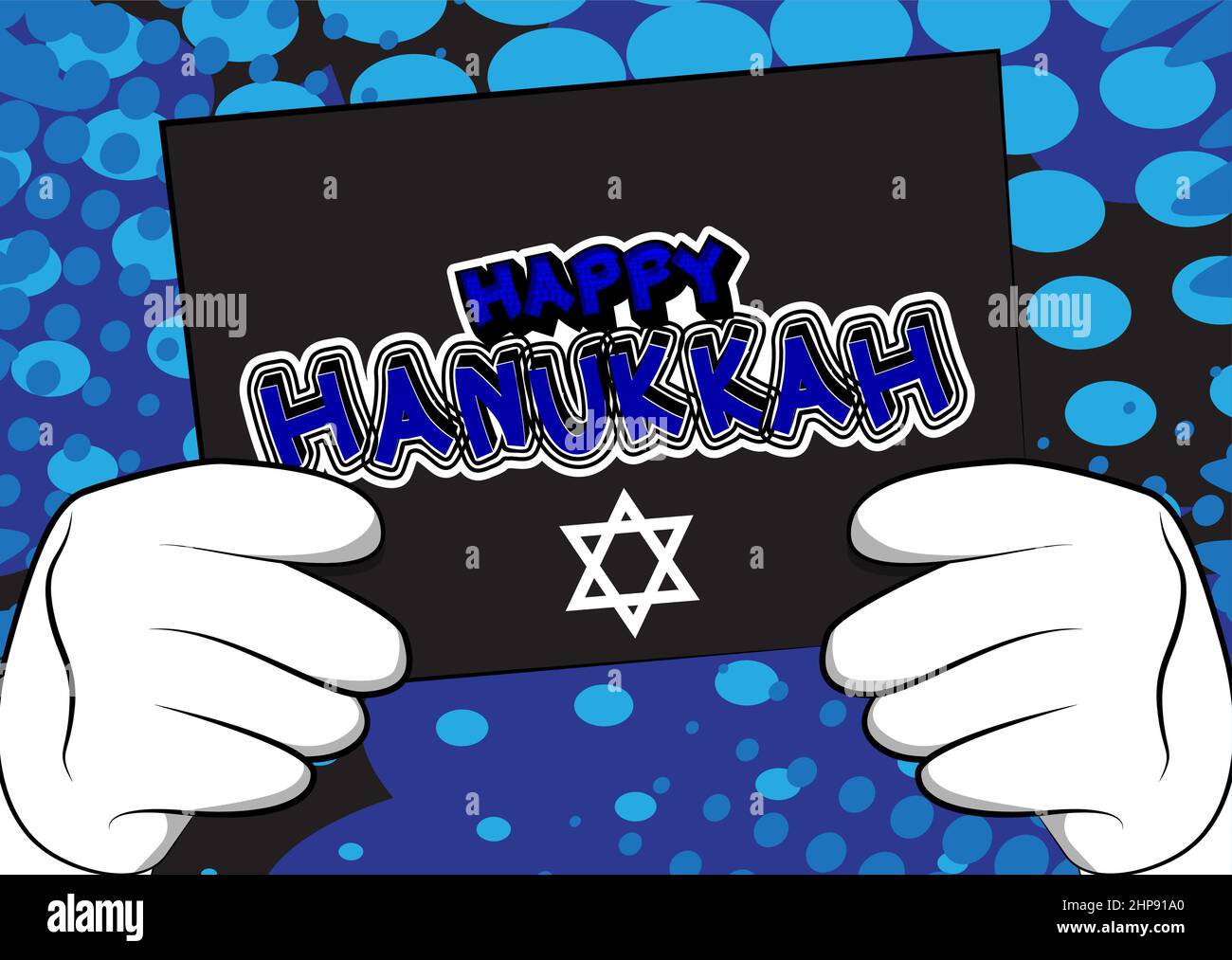 Hand holding banner with Happy Hanukkah text. Stock Vector