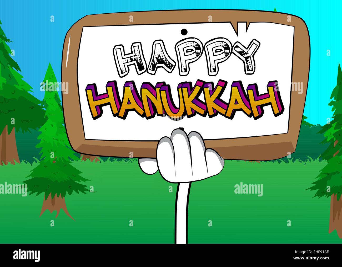Hand holding banner with Happy Hanukkah text. Stock Vector
