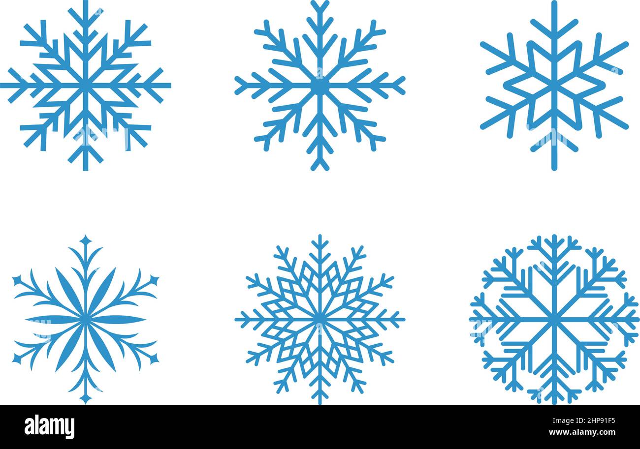 Ice blue frosty abstract snowflake symbols set on white background ...