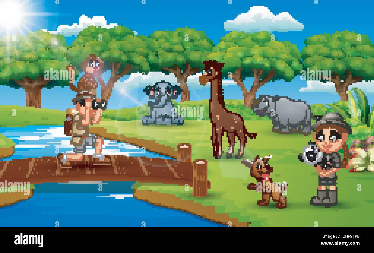 Cartoon of Zookeeper boy and girl with animal in the jungle Stock