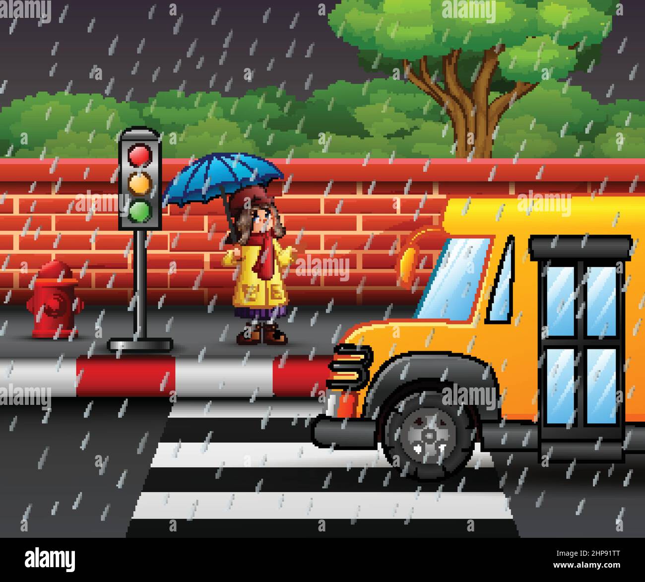 Cartoon girl carrying umbrella under the rain on the roadside Stock Vector