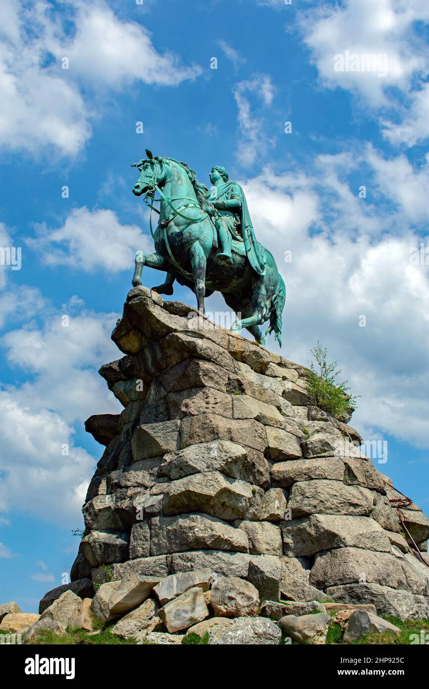 The Copper Horse is an 1831 equestrian statue of George III by Richard Westmacott. Standing on a stone plinth on Snow Hill at the end of The Long Walk. Stock Photo