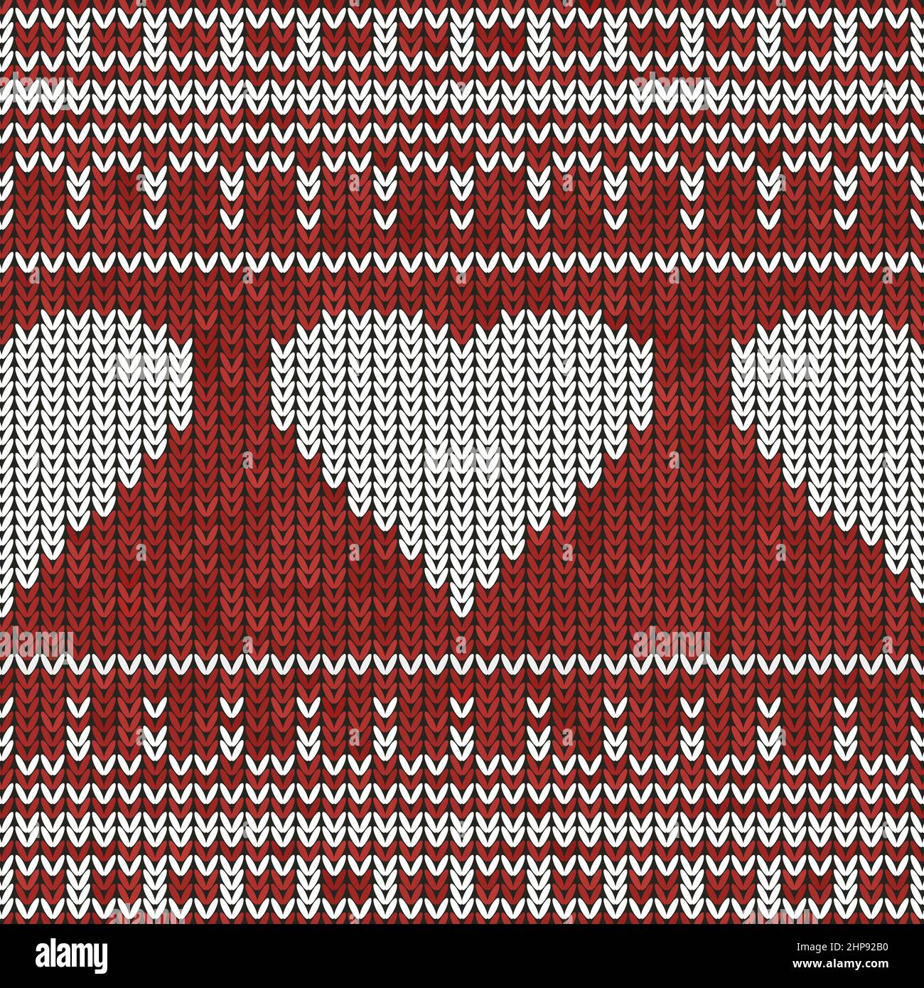Christmas Knit Print. Scandinavian Red Border Wool Pullover. Sweater Ugly. Holiday Heart Ornament. Festive Crochet Stock Vector