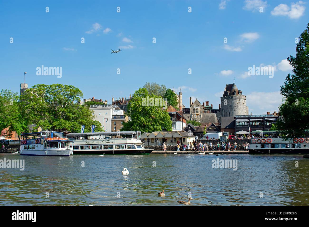 The Town and Castle of Windsor, seen from the Eton side of the River Thames.  Tour boats dock along the river.  Swans and Geese swim in the river.  UK Stock Photo