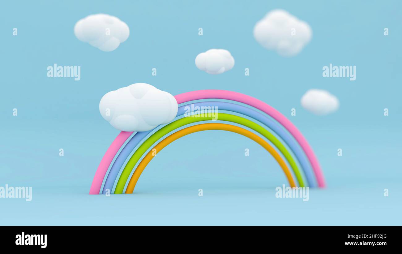 Cute candy rainbow with clouds, 3d illustration Stock Photo