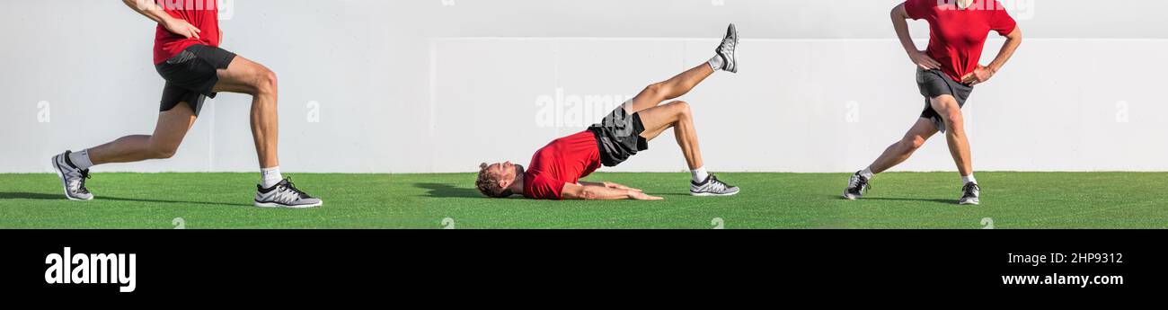 Leg exercises fitness workout demonstration banner fit man working out demonstrating different glute exercise training bodyweight muscles. Panoramic Stock Photo