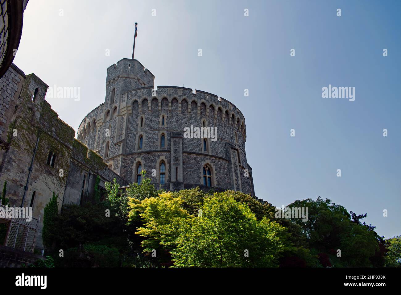 Looking upwards to the Round Tower of Windsor Castle.  A motte and bailey style fortification topped with a keep in Windsor, Berkshire, England. Stock Photo