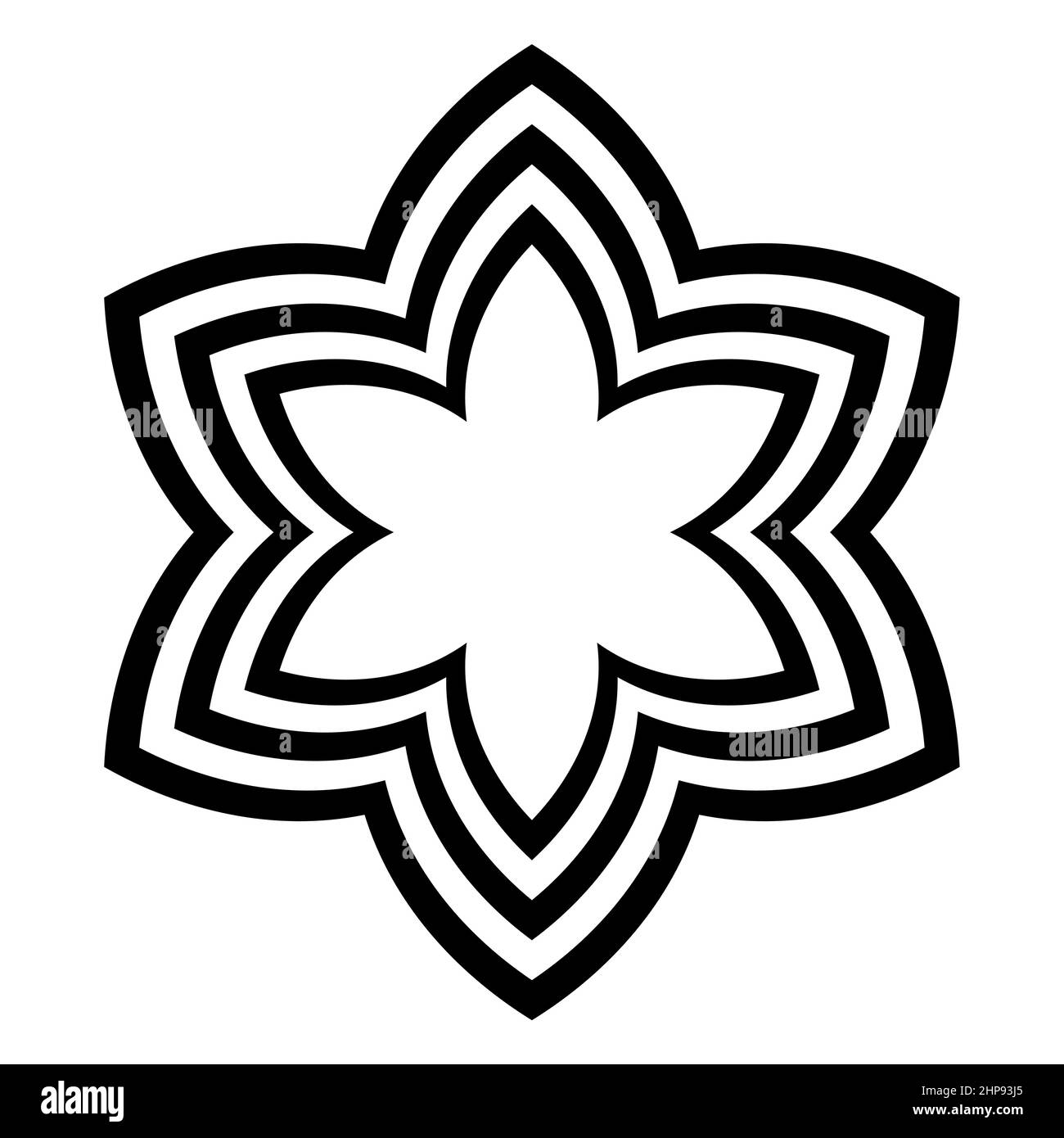 Six pointed star symbol, blossom shaped, with arched offset lines Stock Vector