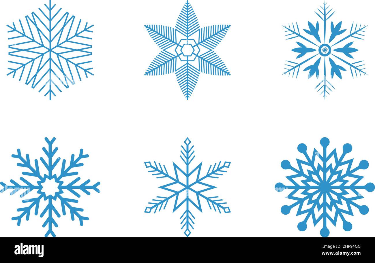 Ice blue frosty abstract snowflake symbols set on white background ...