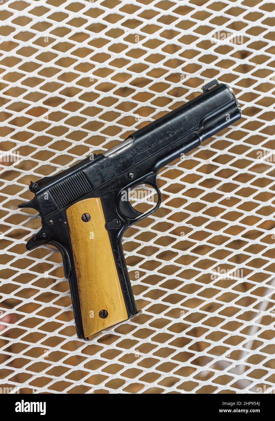 M1911 Colt Automatic Pistol model used in the Philippine-American War, with new grips. Stock Photo