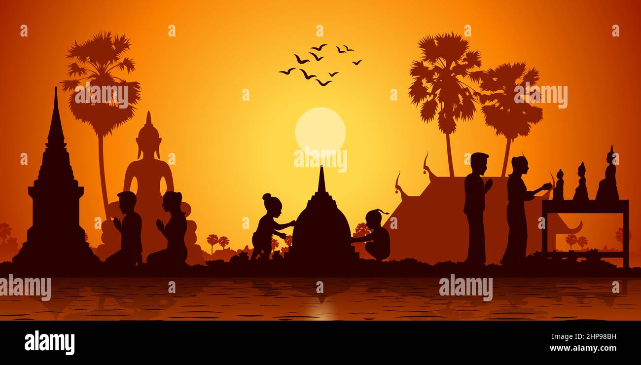 Songkran day of Thai children build sand palace,couple pay respect to buddha sculpture and dead ancestor,vector illustration Stock Vector