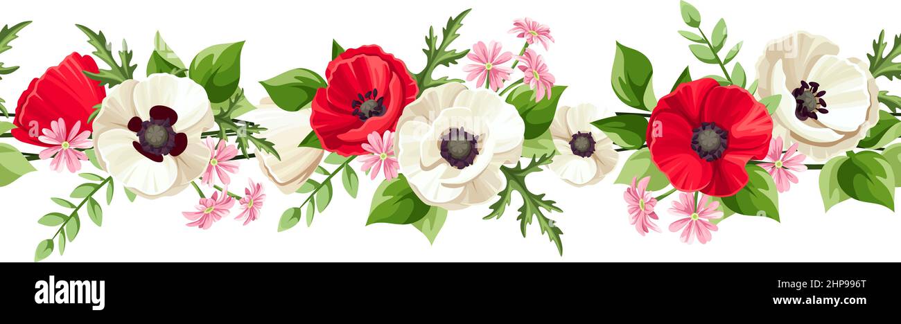 Horizontal seamless border with red and white poppy flowers, small pink flowers, and green leaves. Vector illustration Stock Vector