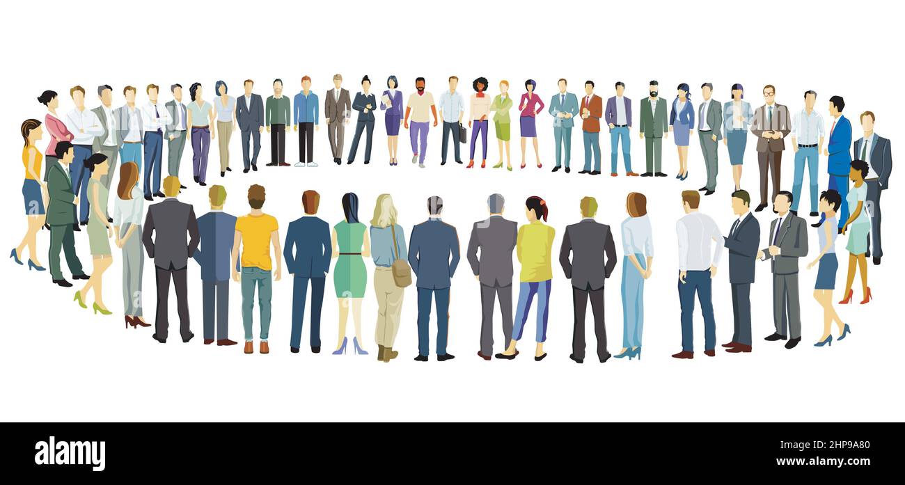 large group of people forming a circle, isolated on white background ...