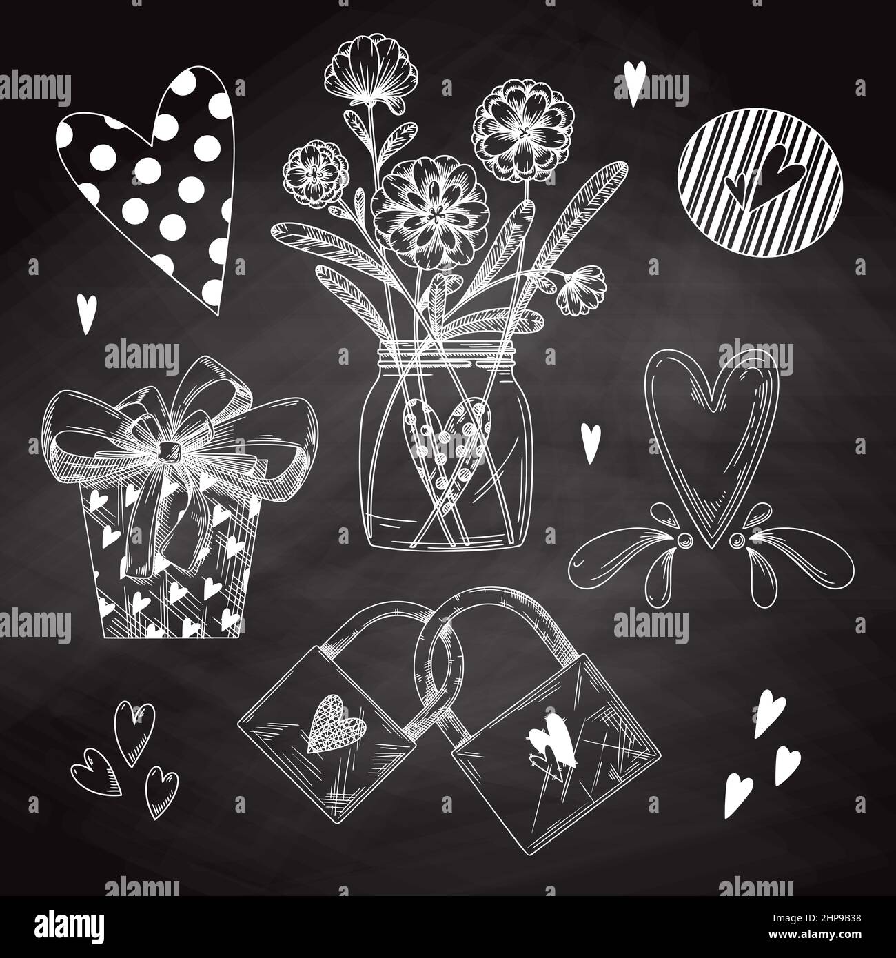 Set of romantic hand drawn elements. Different hearts, flowers and ...