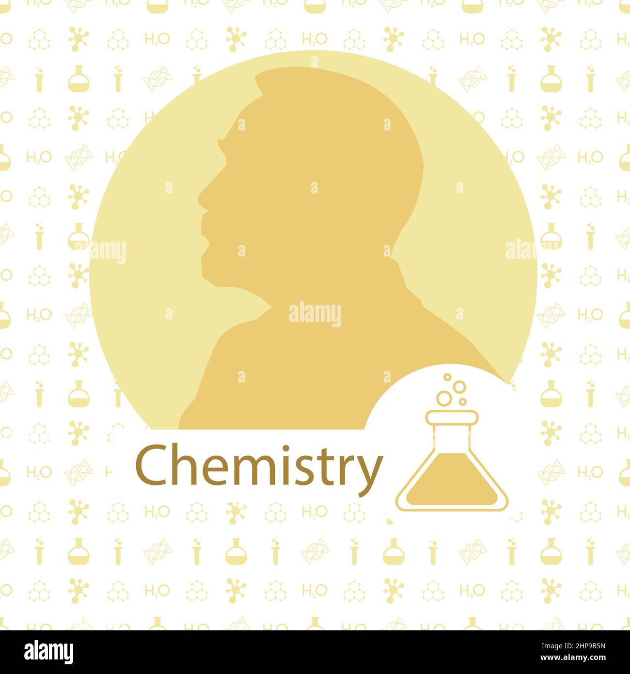 Stylized Nobel medal. Silhouette of Nobel in a flat style. Seamless pattern with elements on the theme of chemistry. Vector illustration. Stock Vector
