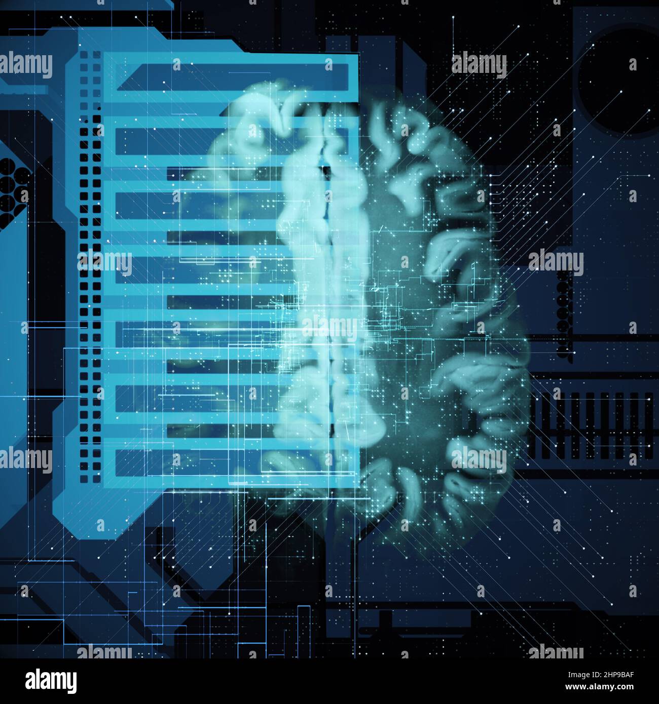 Brain Cross Section On Central Processing Unit, Cyber Neural Networks, Neurolink, Artificial Intelligence, Cpu, Big Data, Internet Networks Stock Photo