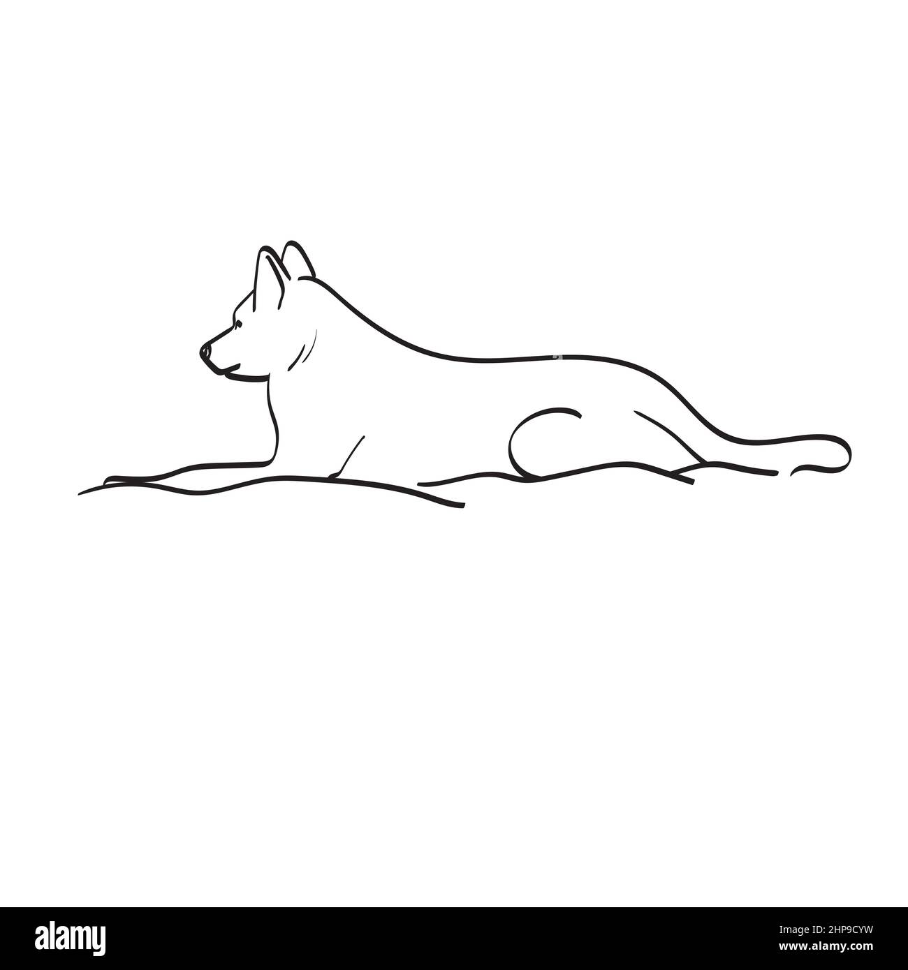 side view dog lying on bed illustration vector hand drawn isolated on white background line art. Stock Vector