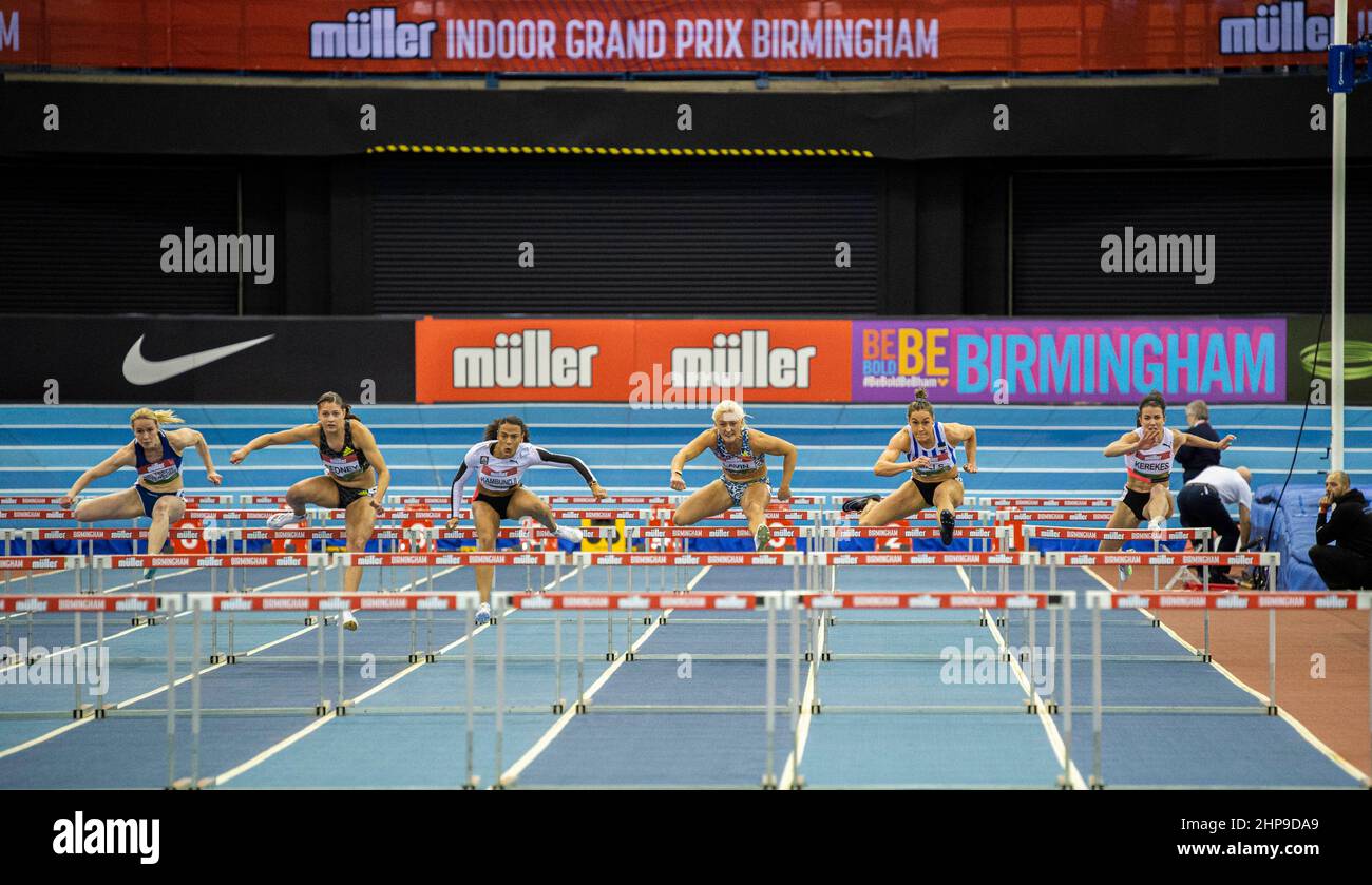 Saturday 19 February 2022:  The 60  Metres Womens Hurdles at the Müller Indoor Grand Prix Birmingham  at the Utilita Arena Birmingham Stock Photo