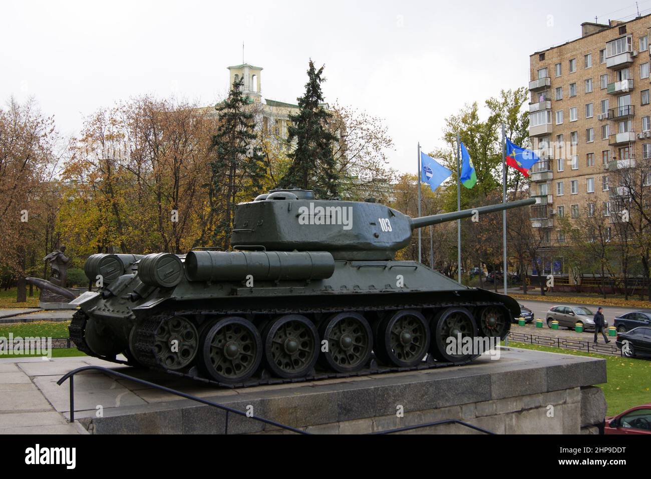 WWII era Tank T-34-85 installed as a monument at the entrance to the Central Armed Forces Museum, Moscow, Russia Stock Photo