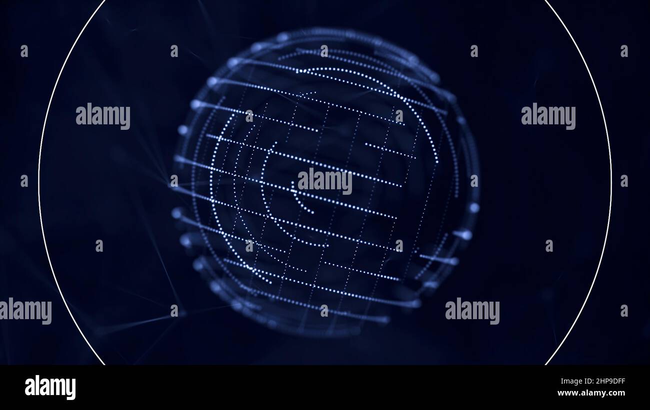 Digital, blue transparent sphere with small moving dots on its surface ...