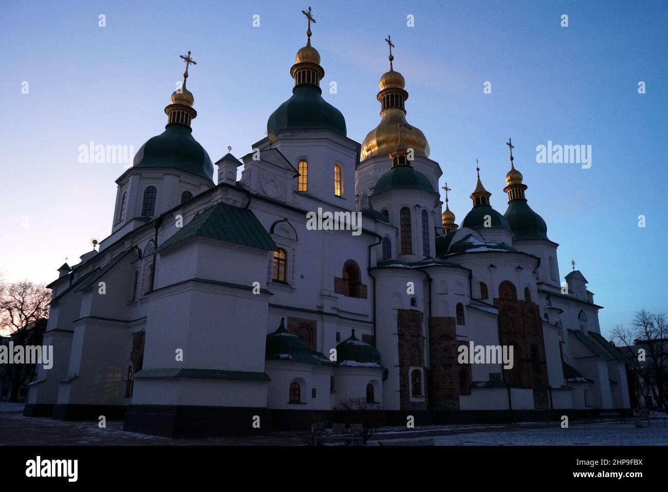 Saint Sophia Cathedral, architectural and religious monument, built 11th century, view at dusk in early evening, Kyiv, Ukraine Stock Photo