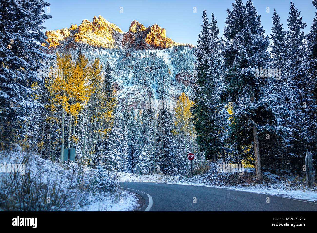 Maroon Bells Creek road in Aspen, Colorado rocky mountains covered in