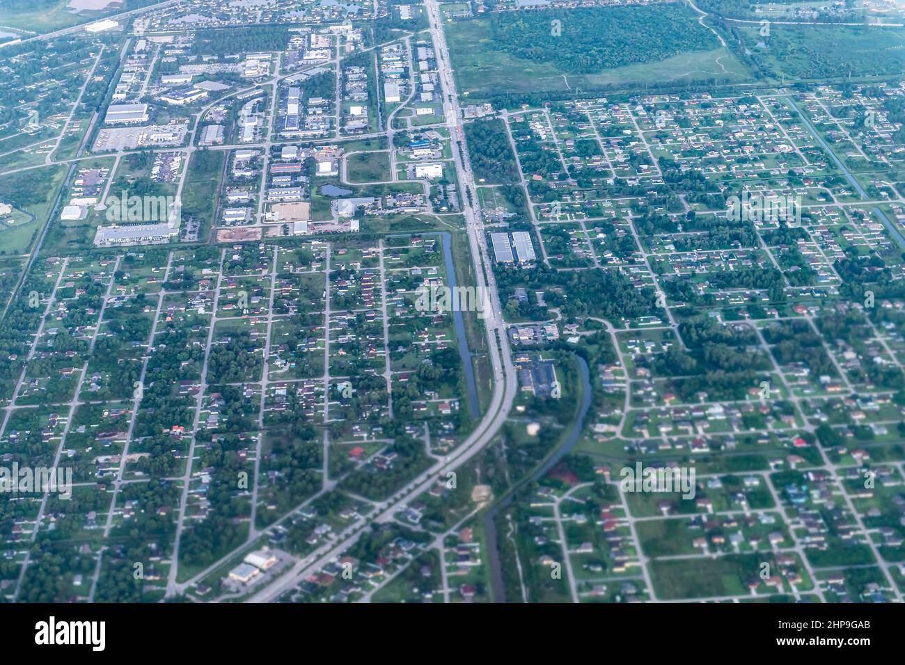 Airplane aerial point of view from window of Fort Myers, Florida, USA 