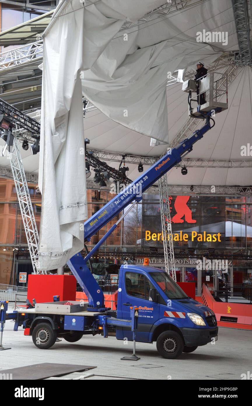 Canopy in front of The Berlinale Film Festival Palast after the storm at Marlene Dietrich Platz (Potsdamer Platz) in Berlin, Germany - February 19, 2022. Stock Photo