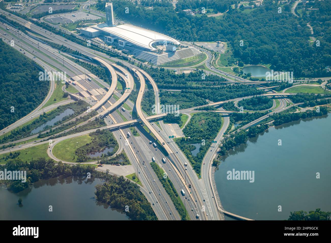 Aerial drone airplane view of cityscape near Oxon Hill in Washington DC with i495 highway capital beltway outer loop with traffic cars and buildings Stock Photo