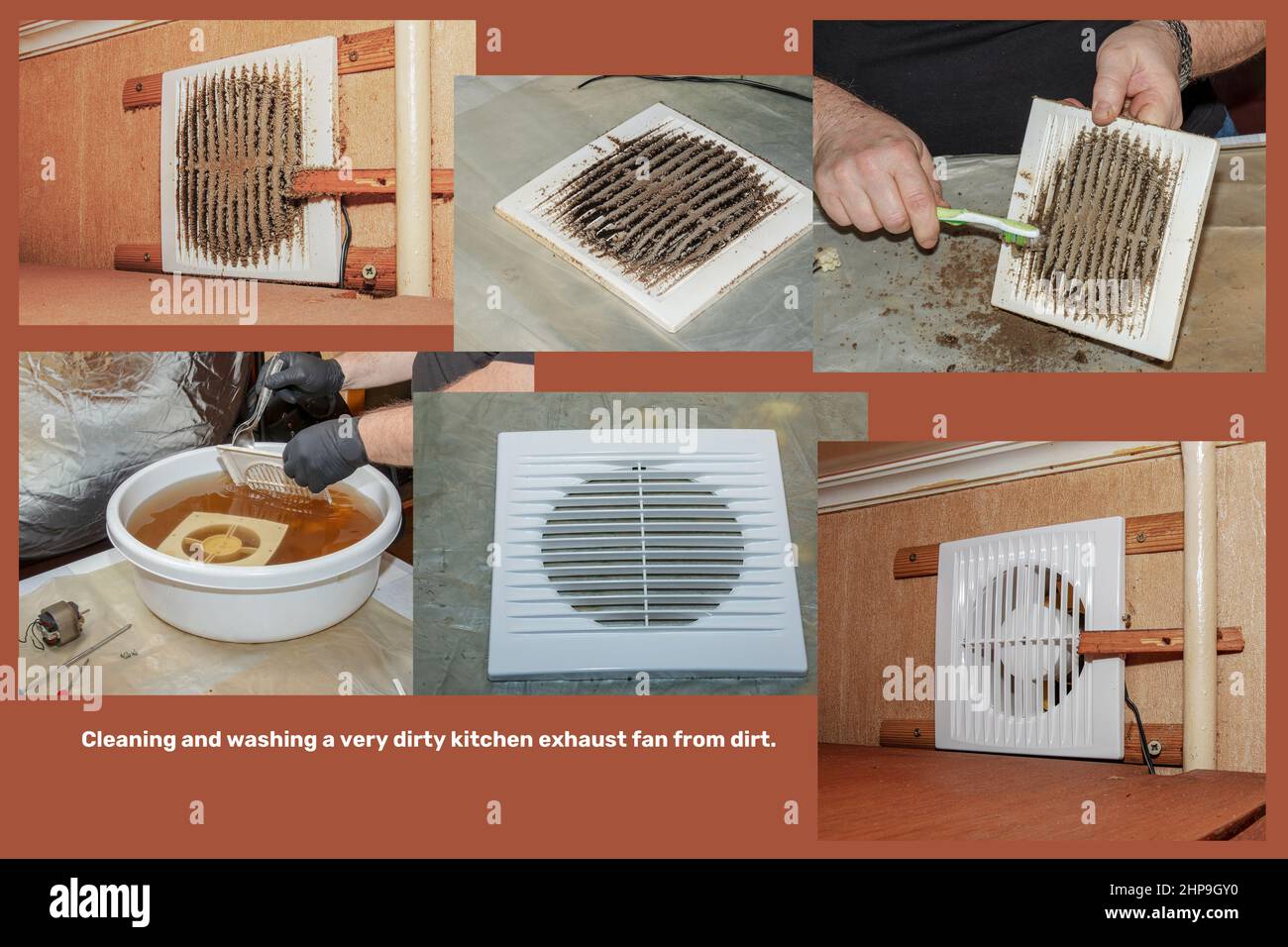 The process of cleaning and washing the kitchen exhaust fan. Collage Stock Photo Alamy