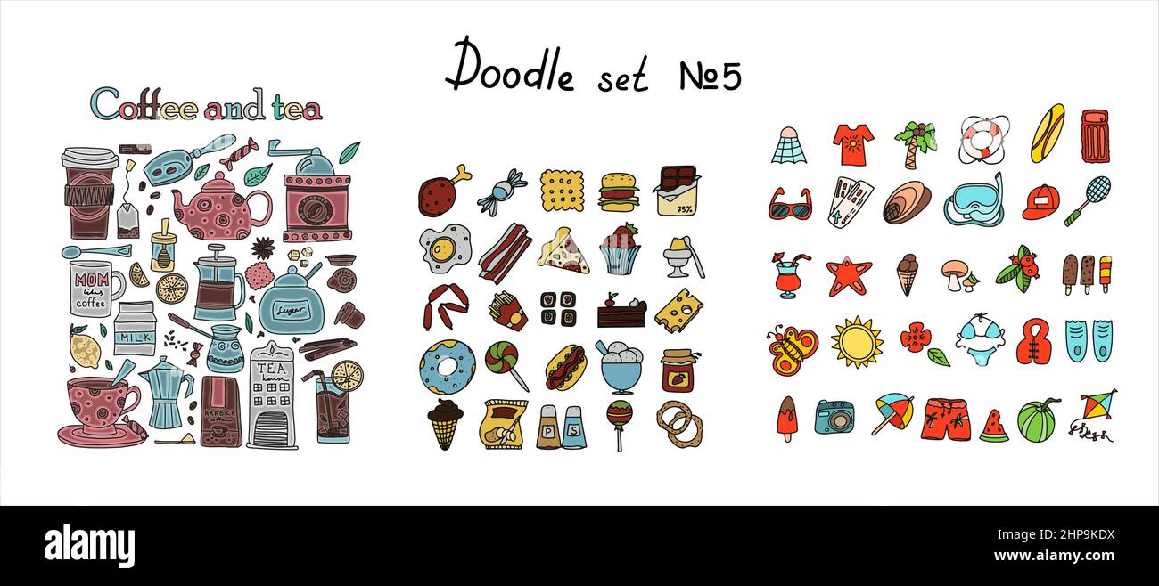 Big set of hand drawn coffee and tea doodles. A set of isolated vector ...