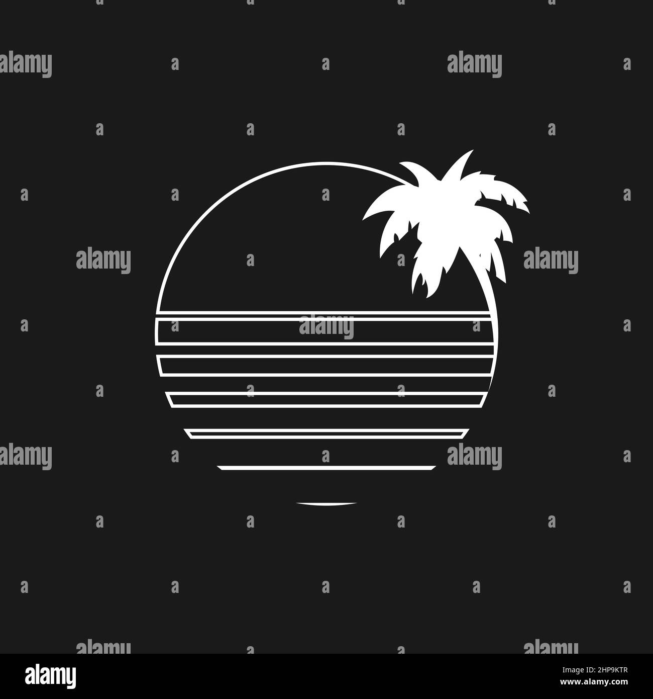 Retrowave aesthetics, the composition of a line circle with beach palm tree silhouette. Synthwave black and white 1980s style. Design element for Stock Vector