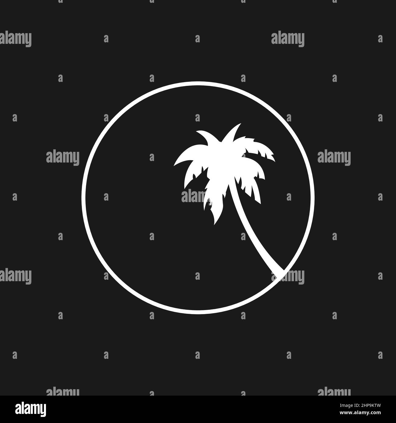 Retrowave aesthetics, the composition of a circle with beach palm tree silhouette. Synthwave black and white composition 1980s style. Design element Stock Vector