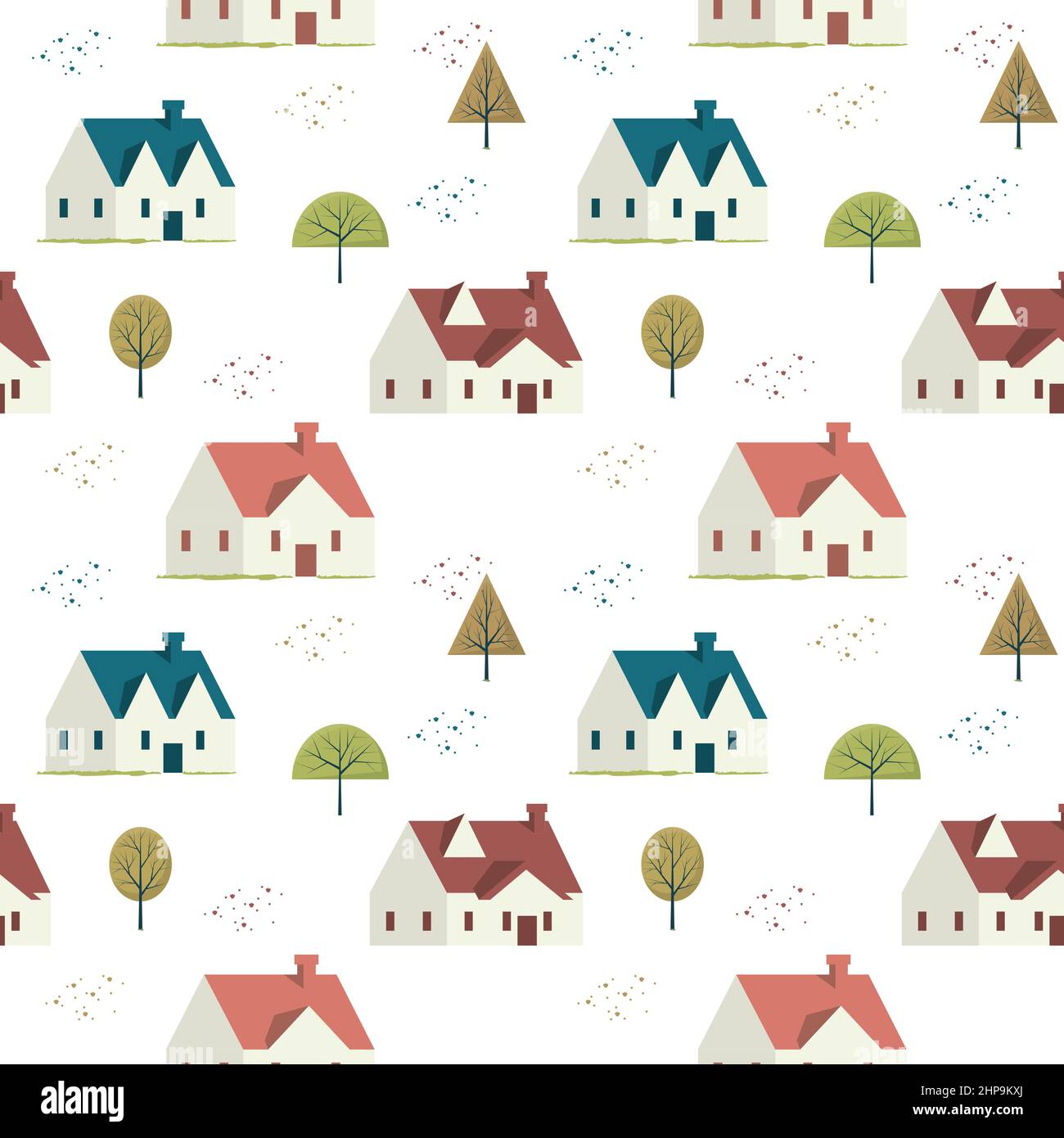 Seamless Pattern Repeatable Texture Summer Spring House Tree Nature Paper Fabric Stock Vector