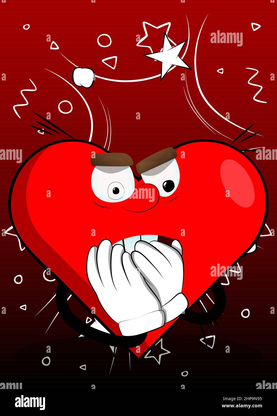 Heart Shape with hands over mouth as a cartoon character, funny red love holiday illustration. Stock Vector
