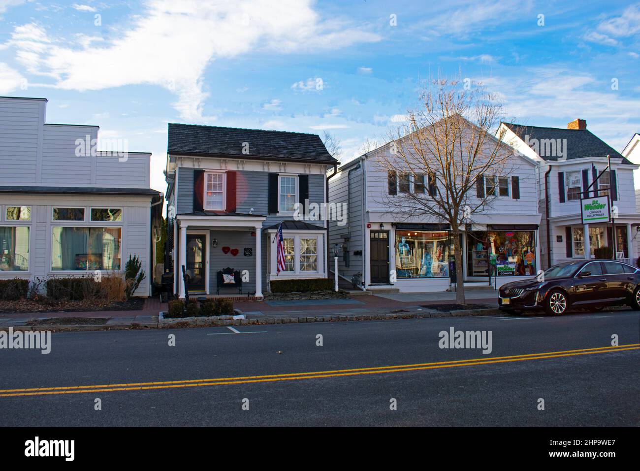 Picturesque street in historic village of Cranbury, New Jersey, on a