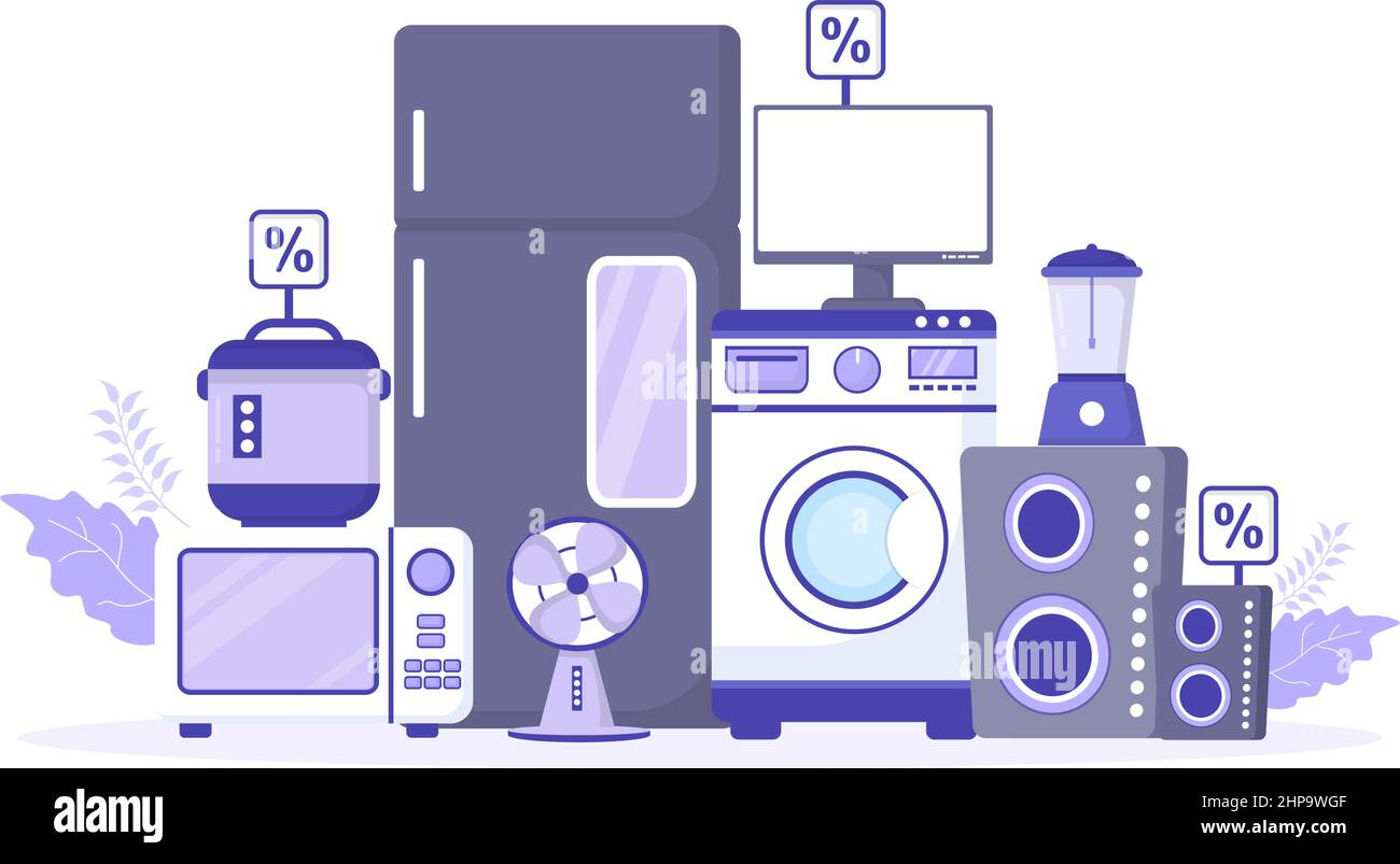 Electronics Store that Sells Computers, TV, Cellphones and Buying Home Appliance Product in Flat Background Illustration for Poster or Banner Stock Vector