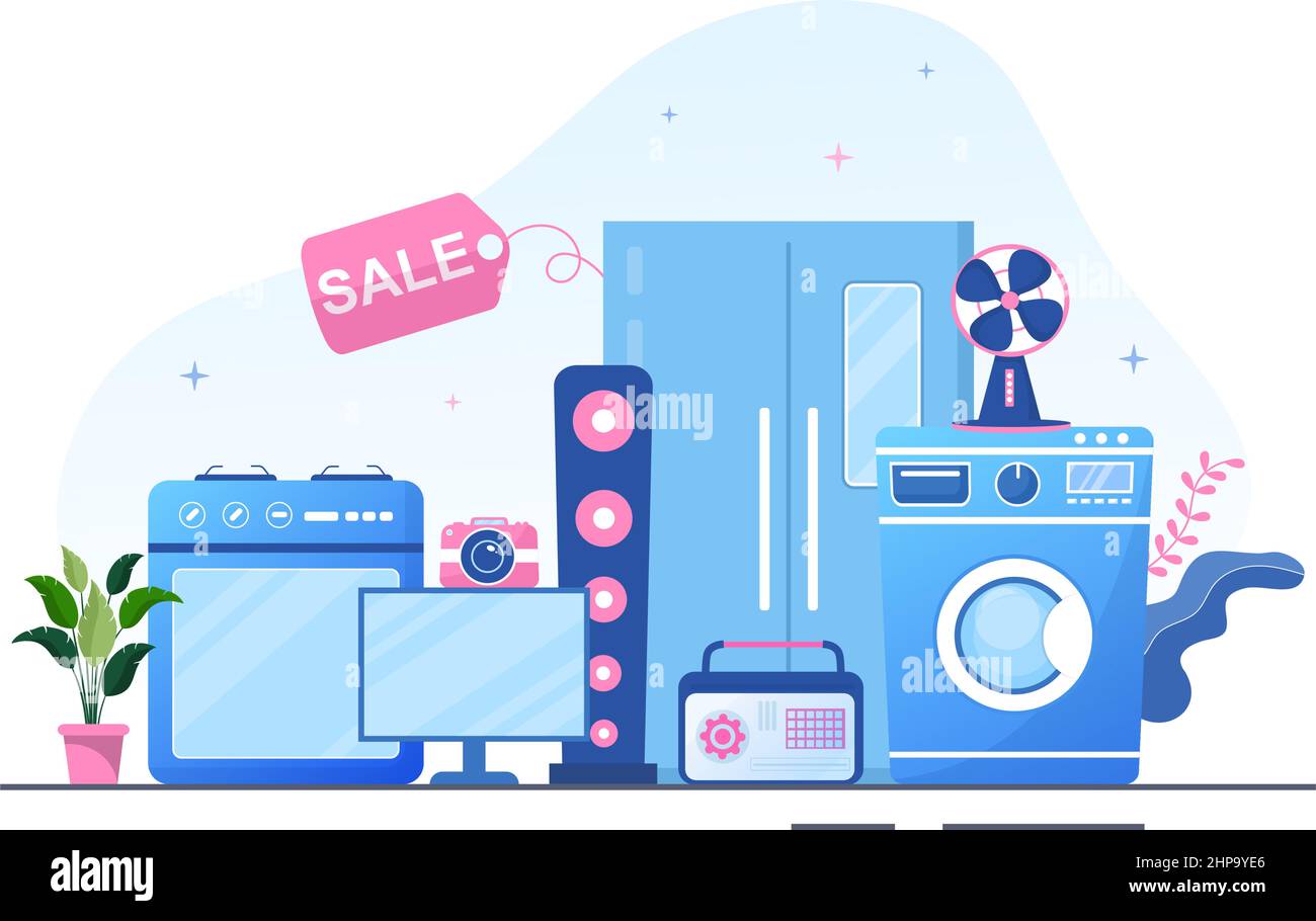 Electronics Store that Sells Computers, TV, Cellphones and Buying Home Appliance Product in Flat Background Illustration for Poster or Banner Stock Vector