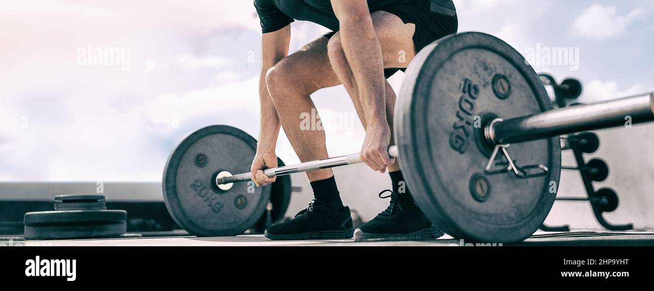 Weightlifting deadlift panoramic banner of fit man bodybuilding