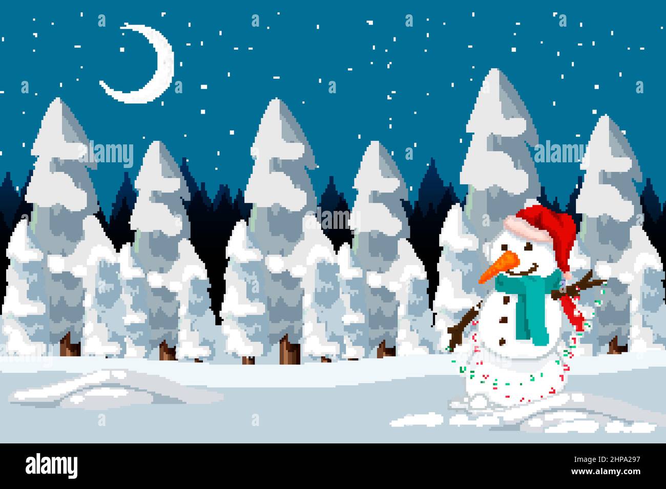 Christmas snowman in the snow at night scene illustration Stock Vector ...