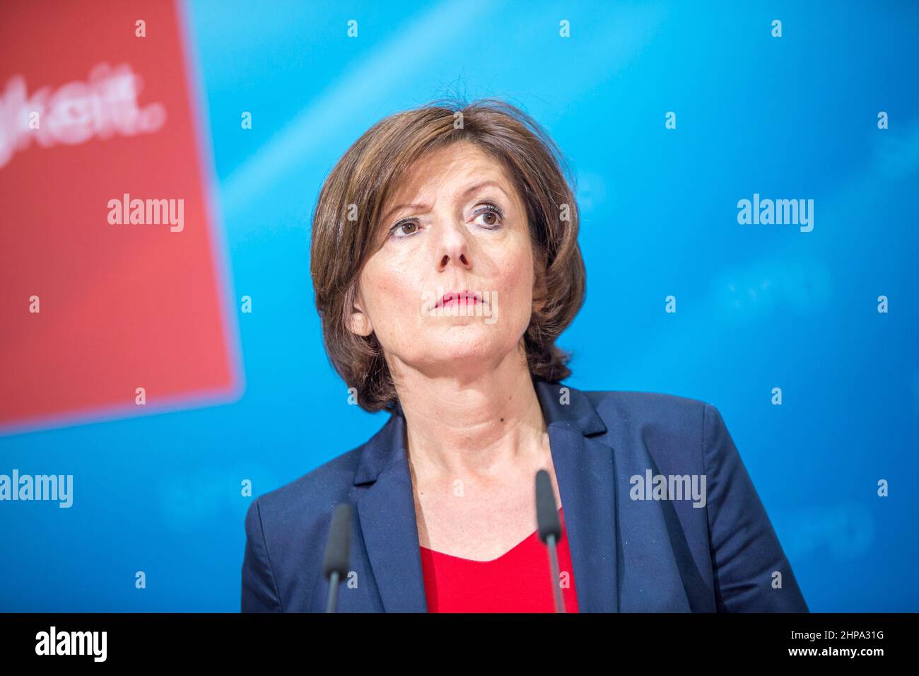 Malu Dreyer the Minister President of Rhineland-Palatinate is speaking during a joint press conference with SPD Chancellor candidate Martin Schulz at the Willy Brandt Haus in Berlin on July 3, 2017. (Photo by Omer Messinger) Stock Photo