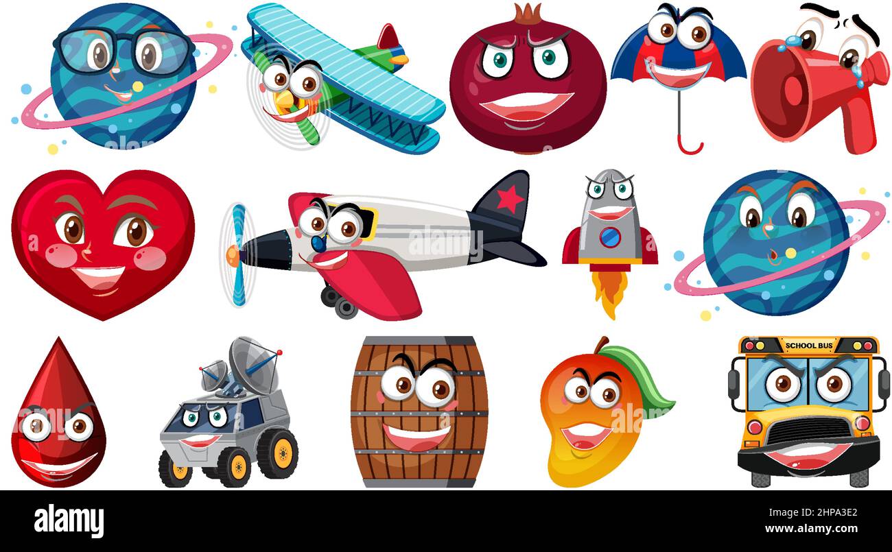 Set of different toy objects with smiley faces illustration Stock Vector