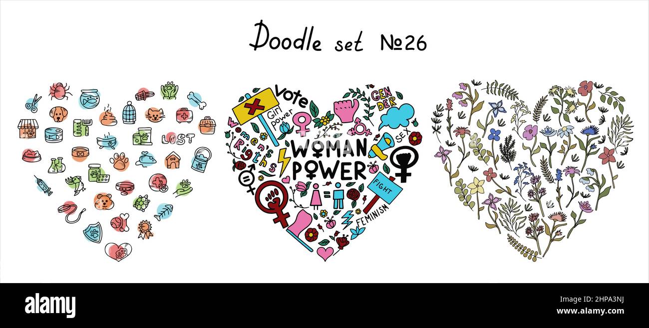 A set of doodle signs of feminism, women s rights. Hand drawn vector ...