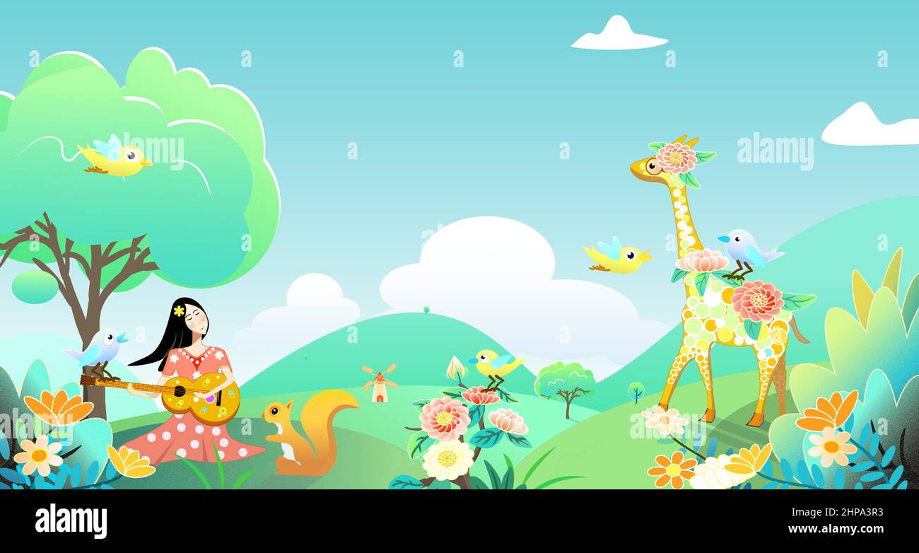 Beginning of Spring Healing Wind Spring Landscape Cartoon Illustration