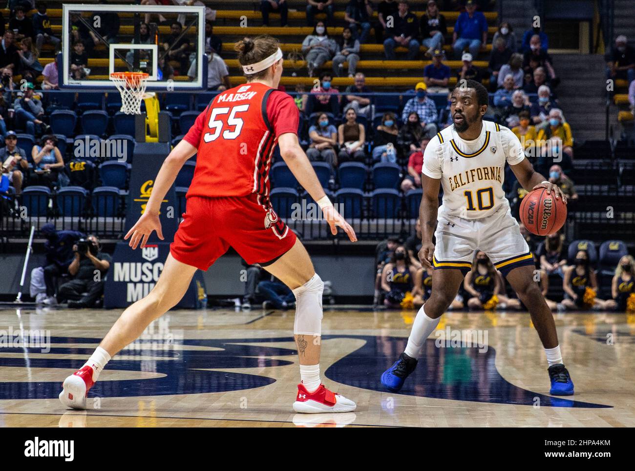 Berkeley, CA U.S. 19th Feb, 2022. A. California guard Makale Foreman (10) brings the ball up court during the NCAA Men's Basketball game between Utah Utes and the California Golden Bears. Utah beat California 60-58 at Hass Pavilion Berkeley Calif. Thurman James/CSM/Alamy Live News Stock Photo