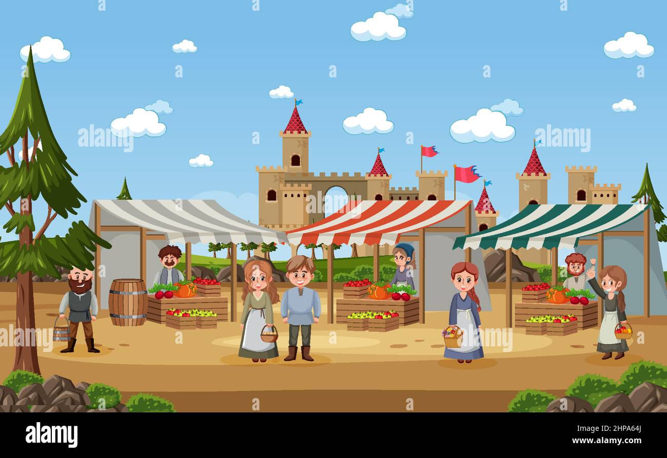 Medieval market scene with villagers illustration Stock Vector Image ...