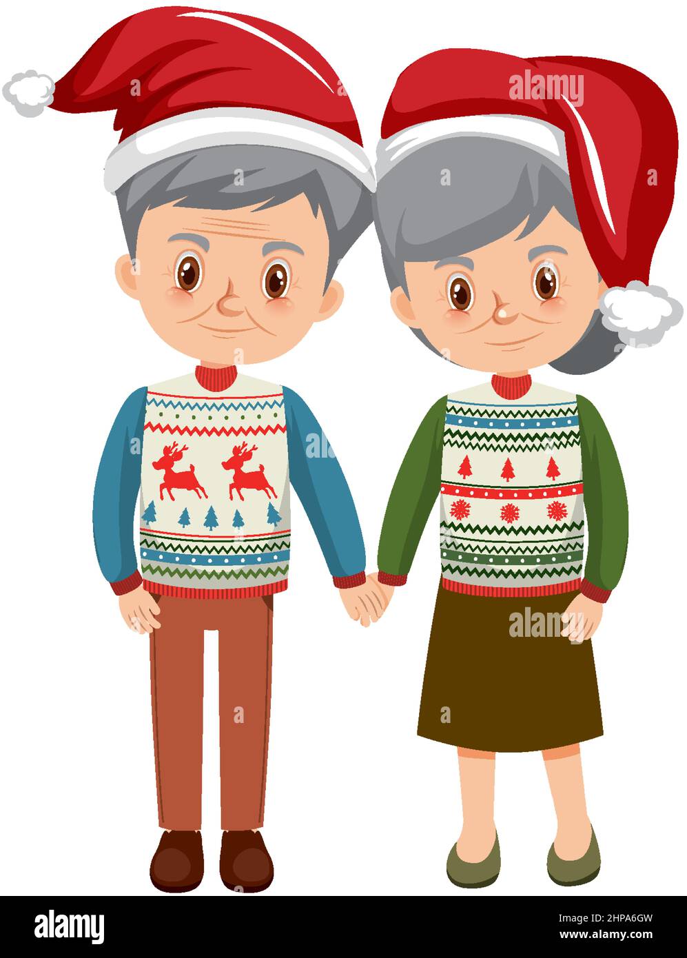 Old couple in Christmas outfits holding hands together illustration Stock Vector
