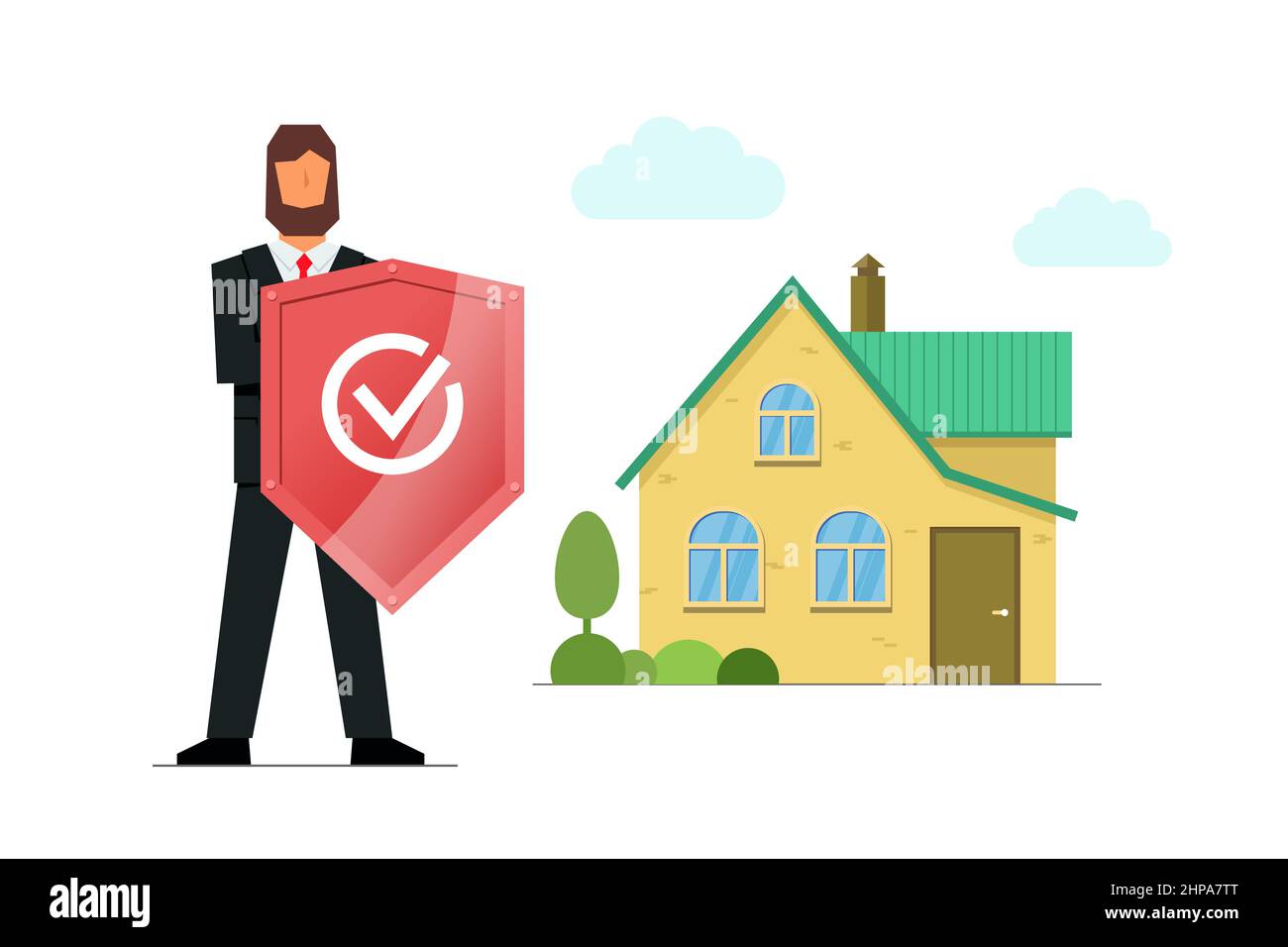Insurance male agent hold shield with check mark protecting house. Home