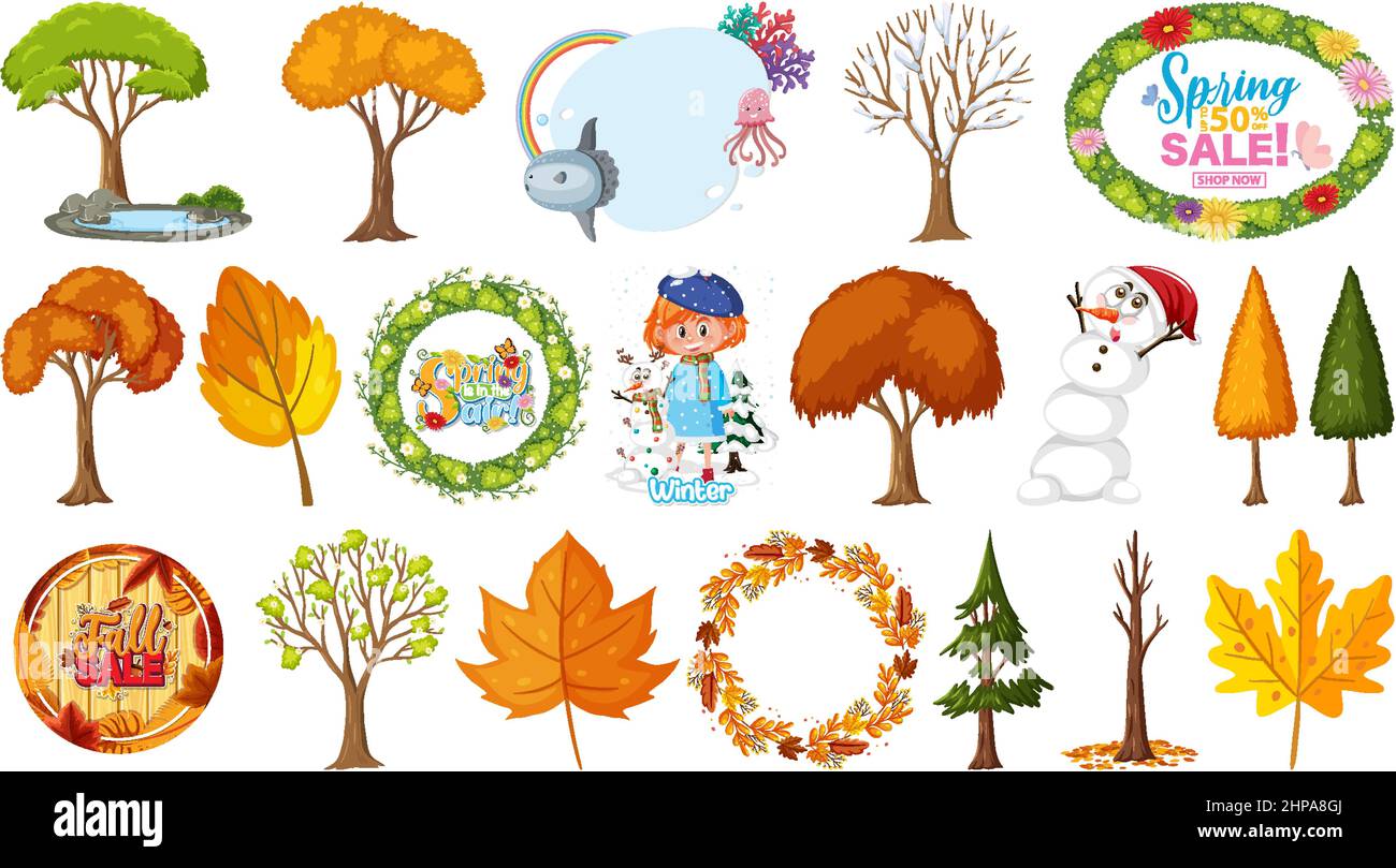 Set of four seasons trees and nature objects illustration Stock Vector ...